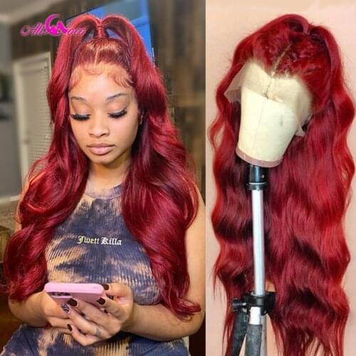 Transparent Cherry Red Lace Front Human Hair Wigs Pre Plucked 99J Colored Malaysian Body Wave Human Hair Wigs Red Human Wigs
