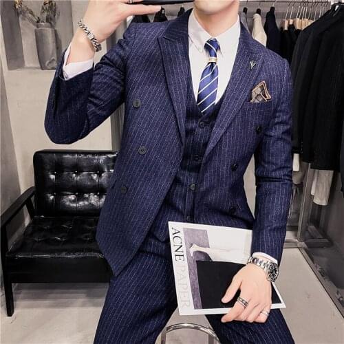 Jacket + Vest + Pants ) Fashion Mens Double breasted stripe Casual Business Suit Social Formal Suit 3 Pcs Set Groom Wedding