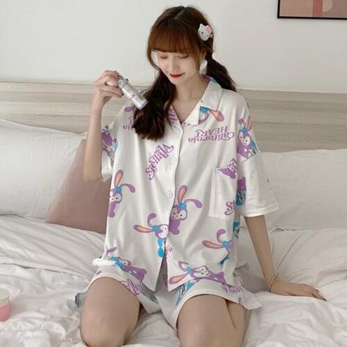Summer Sexy Pajamas Suit Comfortable Ice Women Home Clothes Printed Short Sleepwear Sweet Girl Nightgown