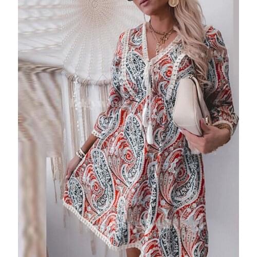 2XL Retro V Neck Tassel Pattern Print Boho Dress New Autumn 3/4 Sleeve Office Lady Mini Dress Spring Elegant A-Line Women Dress