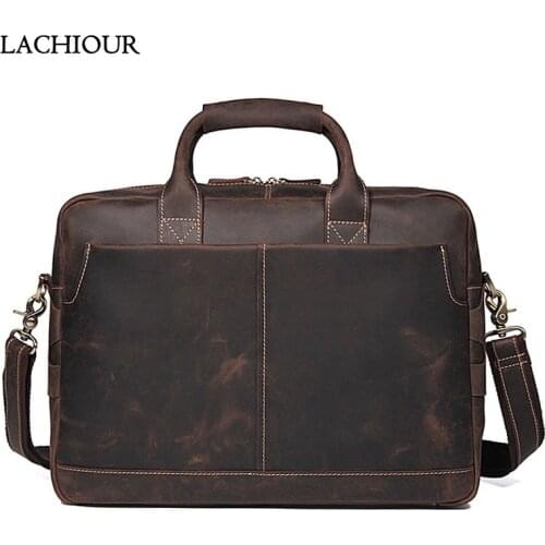 Male Crazy Horse Genuine leather Briefcases 14" Laptop Handbag Mens Business Crossbody Bag Messenger/Shoulder Bags