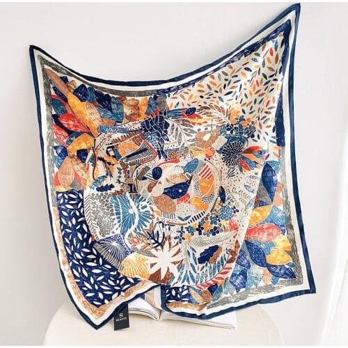 90cm Manual Hand Rolled Twill Silk Scarf Women Hand-Painted World Print Curled Square ScarF Echarpes Foulards Femme Wrap Bandana