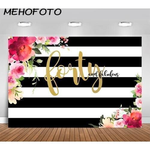 MEHOFOTO Forty and Fabulous Backdrop Flower Stripes 40th Birthday Photography Background Women 40th Birthday Party Banner