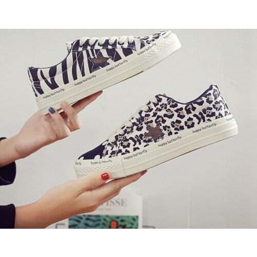 Low-cut Lace-Up All-match Cow Shoes Korean Classic Star Canvas Shoes Women Breathable Retro Trend Students Leopard Print Shoes