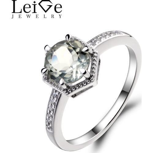 Leige Jewelry Natural Green Amethyst Ring Sterling Silver 925 Fine Jewelry Round Cut Green Gemstone Wedding Engagement Rings