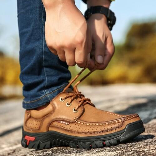 Top layer cowhide hiking outdoor shoes Waterproof Work Shoes Cow Leather Loafers Plus Size 38-48