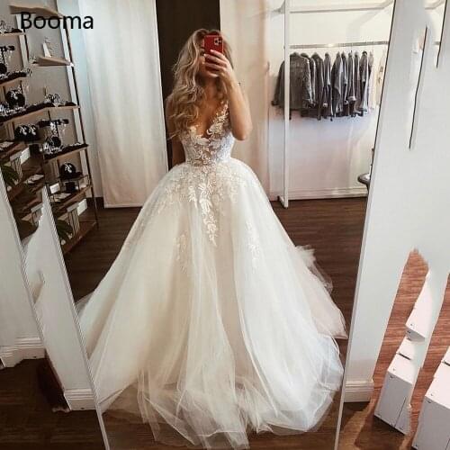 Booma Ivory Ball Gown Wedding Dresses Deep V-Neck Lace Appliques Illusion Bride Dresses Sleeveless Tulle Long Wedding Gowns