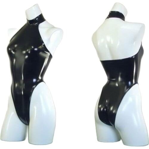 High Quality PVC Shiny Swimsuit Halter Neck Backless Sexy Bodysuit Women Black One Piece Solid Swimwear Latex Bodycon Catsuits