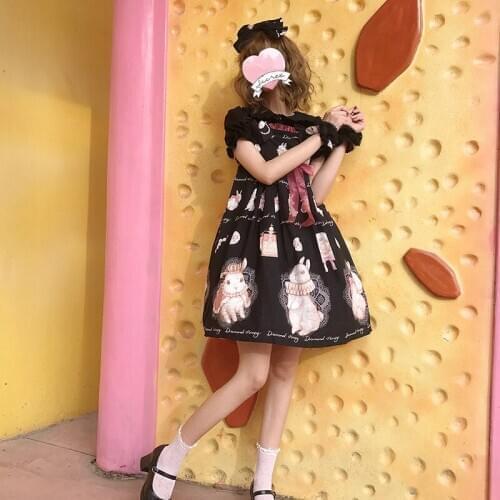 Japanese sweet lolita dress vintage lace bowknot cute rabbit printing victorian dress kawaii girl gothic lolita jsk loli cosplay