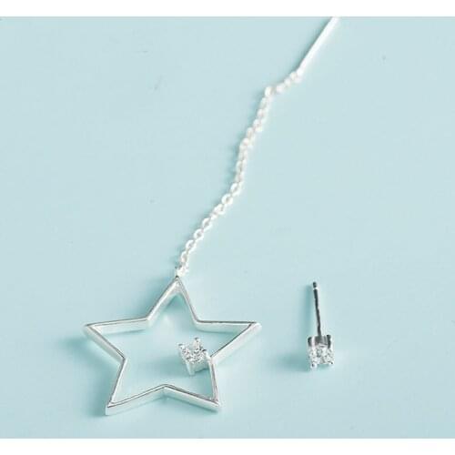 YPAY 100% Real 925 Sterling Silver Asymmetry Star Earrings for Women Zircon Ear Lines Jewelry YME218