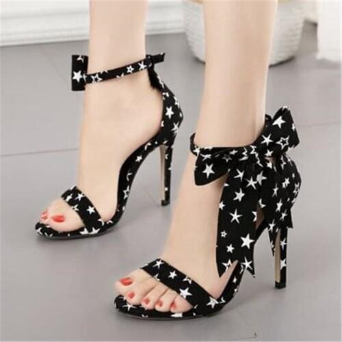 Women sandals Flock Lace Up 11.5cm Thin Heels High heels Round Toe Butterfly-knot Shallow sandal women shoes 2020 size 35-42