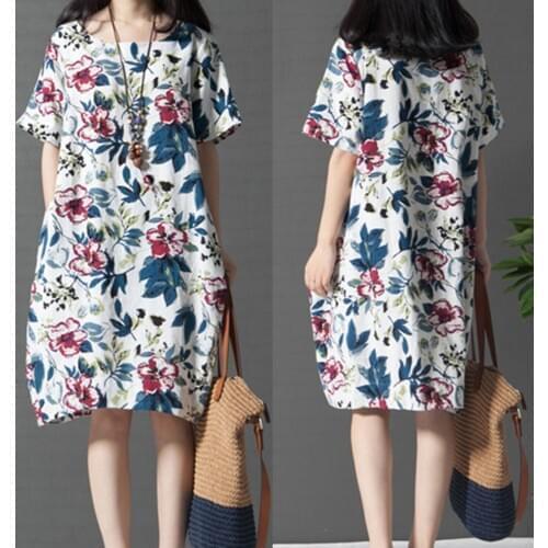 Spring Summer Women Dresses Knee-Length O-Neck Short Sleeve Print Floral Loose Fashion Female Clothing Casual Sundress Vestidos
