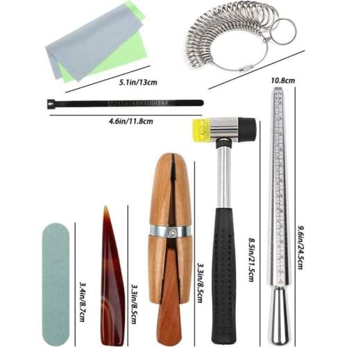 2021 New 11Pcs Metal Mandrel Finger Sizing Measuring Stick Ring Sizer Guage Jewelers Hammer Wooden Ring Clamp Jewelry Tools Kit