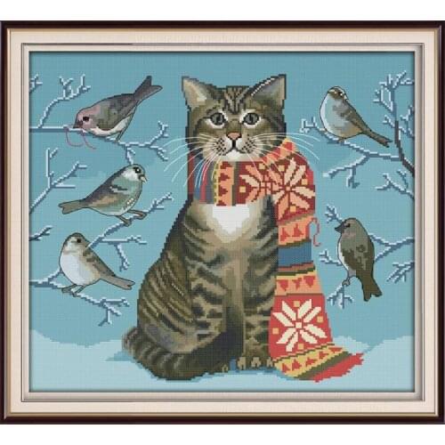 A Cat and Birds Cross Stitch Embroidery Needlework Kits Counted Patterns Fabric 11CT 14CT Printed Stamped Canvas Home Decor Sets