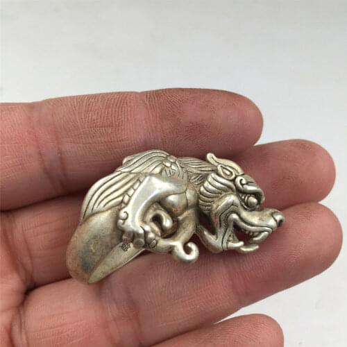 China OLD antique 23mm Tibetan silver handmade 3D dragon Unicorn Kylin ring