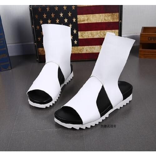 Mens summer leather sandals casual Roman sandal shoes open-toe personality thick sole hairdresser catwalk men slippers