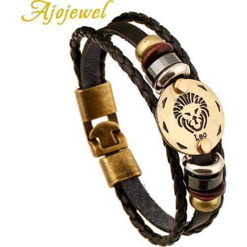 Ajojewel Handmade Zinc Alloy Buckles 12 Zodiac Signs Bracelet Punk Leather Bracelet Men Charm Jewelry