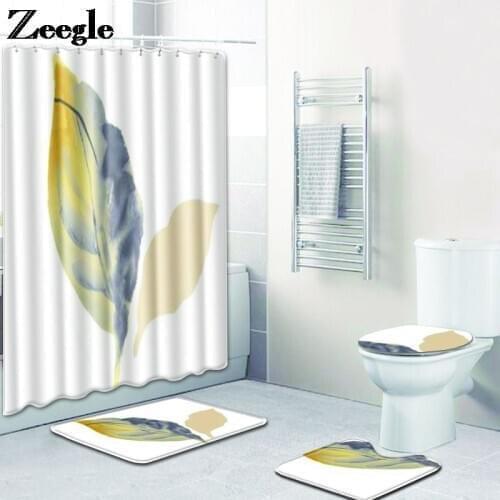 Simple Floral Pattern Bathroom Bath Mat and Shower Curtain Set Toilet Rug Bathroom Non Slip Flannel Foot Mat Bathroom Carpet Rug