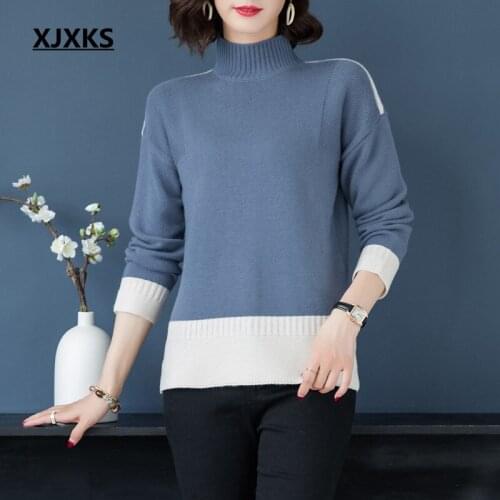 XJXKS autumn winter sweater women turtleneck jumper streetwear dropped sleeve patchwork color women pullover sweaters