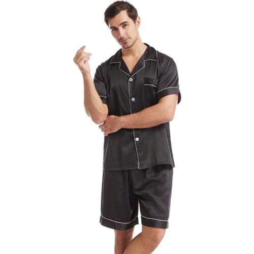 Pajamas Suit Casual Male Sleepwear Satin Lounge Wear Two Piece PJS Set Men Faux Silk 2021 New Short Sleeve Shirt&Shorts