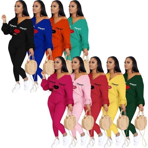 Casual Suit Round Neck Open Navel Lip Print Long Sleeve Top and Bottomed Breathable Comfortable Pants