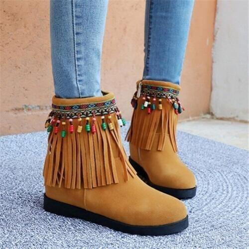PXELENA Bohemia Ethnic Tassel Boots Women String Beads Faux Suede Low Heels Fringe Ankle Boots Lady 2019 Autumn Plus Size 34-43