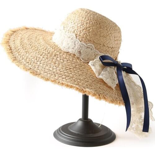 Wide Brim Lace Ribbon Straw Hat For Women French Style Elegant Summer Hats Holiday Beach Cap UV Sun Visor Derby Hat Wholesale