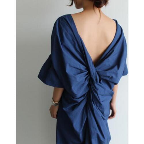2020 Spring Casual Fold Solid Color Original Sexy Long Dress Half Sleeve Backless Personalized Women Dress Plus Size Vestidos