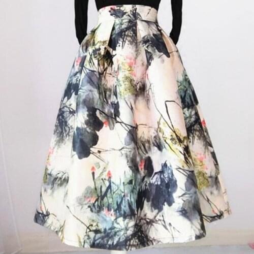 2021 spring autumn vintafe printed umbrella skirt women pocket mid-length high-waist ball gown skirt