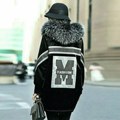 Women Winter Thicker Warm Rabbit Fur Parka Jacket With M Letters Causal Fox Fur Hooded Coat and Rabbit Fur Lining