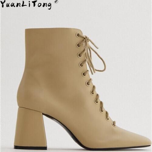 New TRF Womens Boots Autumn Camel Brown Shoes Lace up with side Zippers Boots Leather High heel Chunky Short boot for Female