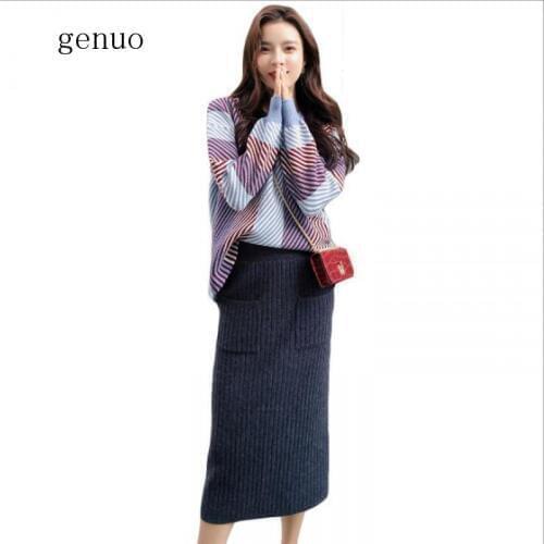 Autumn Spring Knitted Set Womans Suits Thick Loose Plaid Sweater + Pencil Skirt Set For Women Suit Clothing 2 Piece Set Knit