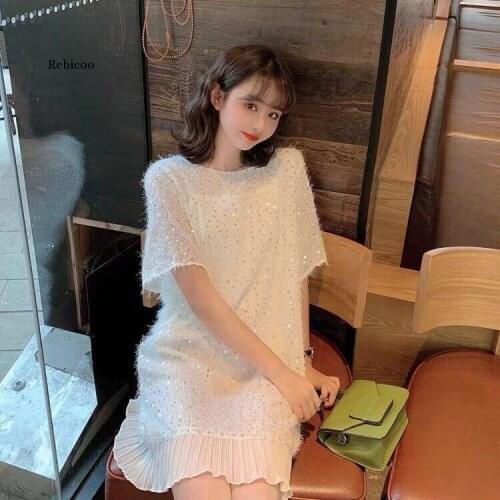 Europe Sequin Summer Dress Women O-Neck Short Sleeve Patchwork Casual Mini Sexy Women Dress Fashion Robe Femme