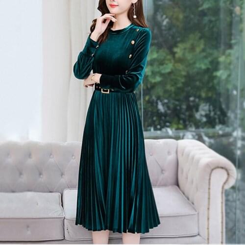 Autumn Winter Dress Women Long Sleeve Vintage Dress Korean Style Fashion Button Pleated Dresses With Belt Vestidos