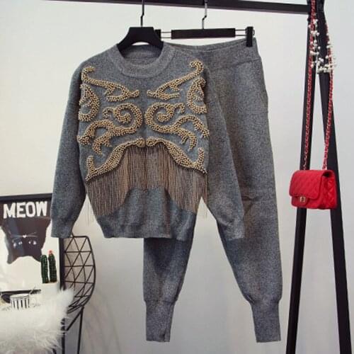 2021 New Patchwork Beading Two Piece Set For Women O Neck Long Sleeve Sweater Slim Pants Black Sets 2020 Fashion New Tide
