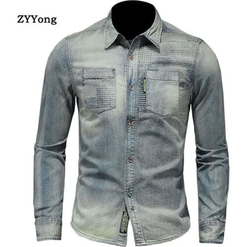 2021 Spring Jeans Shirt Men Denim Shirts Slim Lapel Long Sleeve Bomber Motorcycle Streetwear Leisure Light Blue Thin Coat Jacket