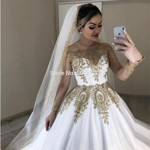 2021 Elegant Gold Lace Appliques Wedding Dresses with Long Sleeves Off the Shoulder Ball Gown Bridal Dress Vestido de Noiva