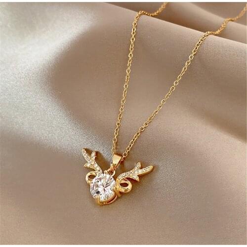 316L Stainless Steel Titanium Steel Water Ripple Antlers Luxury Micro-inlaid Zircon Necklace Pink Zircon Pendant Necklace