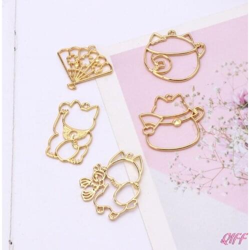 5Pcs Fortune Cat Metal Frame Pendant Open Bezel Blank Setting UV Resin Jewelry