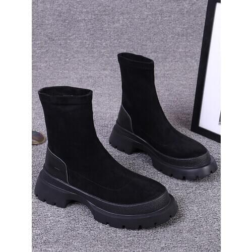 2020 new leather suede stitching stretch boots black mid-heel short boots womens platform womens boots and ankle boots