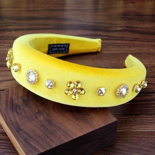 Elegant Floral Headdress Yellow Crystal Headband Simple Big Padded Rhinestone Hairband Women Girls Fashion Hair Jewelry
