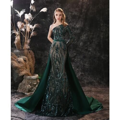 Fairy Evening Dresses One Shoulder Lace Applique Sequin Mermaid Prom Gowns Long Sleeve Detachable Train Special Occasion Dress
