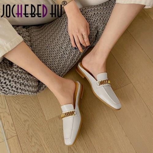 JOCHEBED HU Round Toe Shoes For Women Hanged Metal Shallow Women Mulus Genuine Leather Low Heels Pumps Female Working Basic Shoe