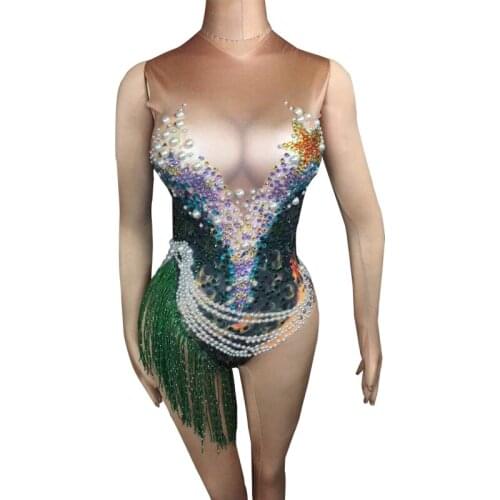 Rhinestone Fringes pearl bodysuit Sleeveless green Leotard Nightclub DJ womens Singer Dance Wear Party Performance stage Costume
