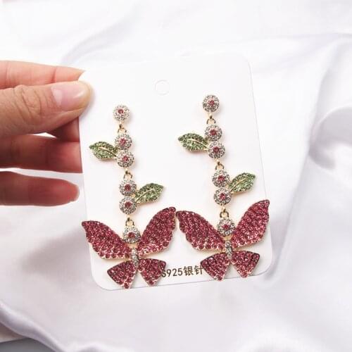 MWSONYA Korean Luxurious Crystal Butterfly Leaves Drop Earrings for Women Fashion Rhinestone Pendientes Bow Jewelry Gifts