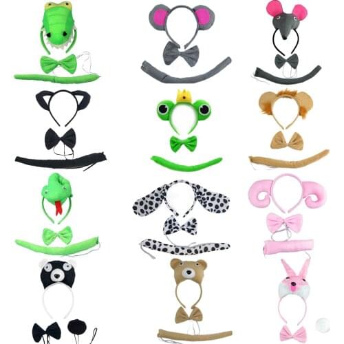 12 Pack Animal Ear Headbands Plush Tail Bow Tie Costume Set Halloween Christmas Birthday Party Snake Dinosaur Cat Frog Bear