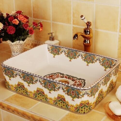 Rectangular Europe style chinese washbasin sink Jingdezhen Art Counter Top ceramic bathroom sink bathroom porcelain wash basin