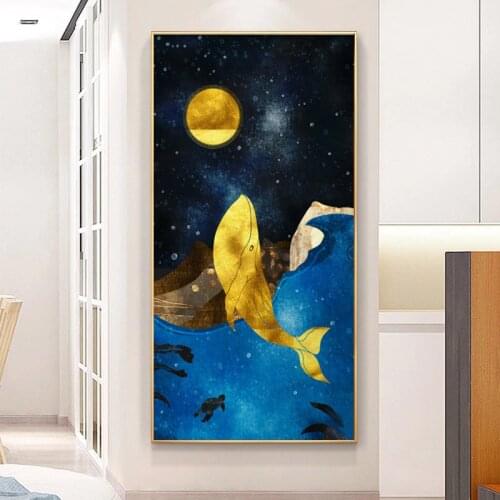 Nordic Canvas Painting Print Animal Golden Fish and Moon Canvas Painting Wall Art Pictures for Living Room Home Decor Poster