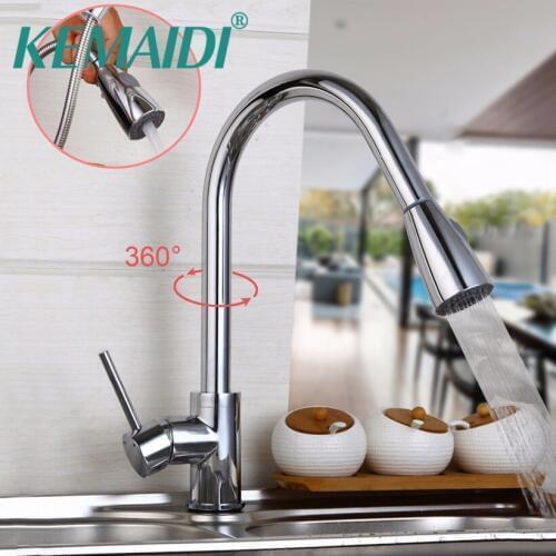 KEMAIDI Pull Out Stream Spout 360 Swivel Chrome Brass Finish Deck Mounted Tap Kitchen Sink Faucet Hot & Cold Mixer