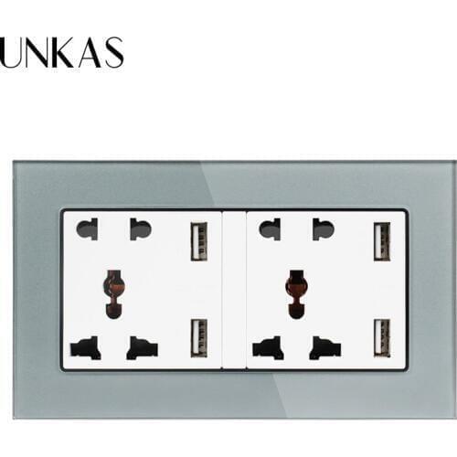 UNKAS Universal 5 Hole Power Outlet With 4 USB Smart Induction Charger Port for Mobile Tempered Glass Panel Wall Socket Dual